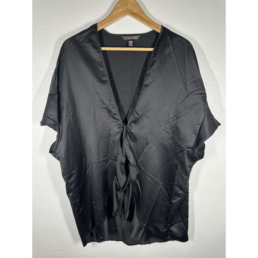 Victoria's Secret Robe Womens One Size Black Satin Love Kimono‎ Lounge Sleep